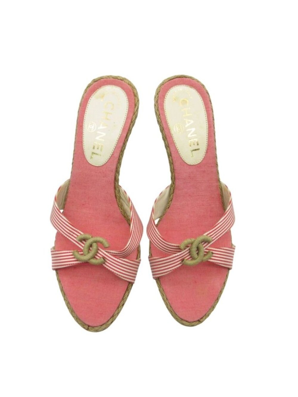 Chanel Sandals Marine Wedge Sole CC Logo Striped Shoes Red